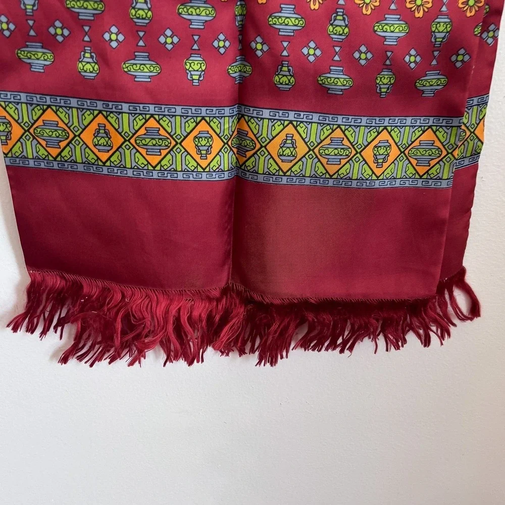 Vintage Pearl Hand Printed Silk Scarf Burgundy Red Vessel Print Fringe One Size